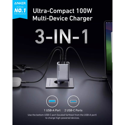 Incarcator Retea Anker Prime, 100W, 3A, 1 x USB-A - 2 x USB-C, Gri A2688341