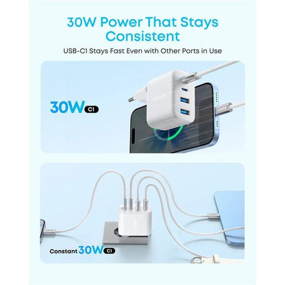 Incarcator Retea Anker Zolo, 50W, 3A, 2 x USB-A - 2 x USB-C, Alb A121EG21