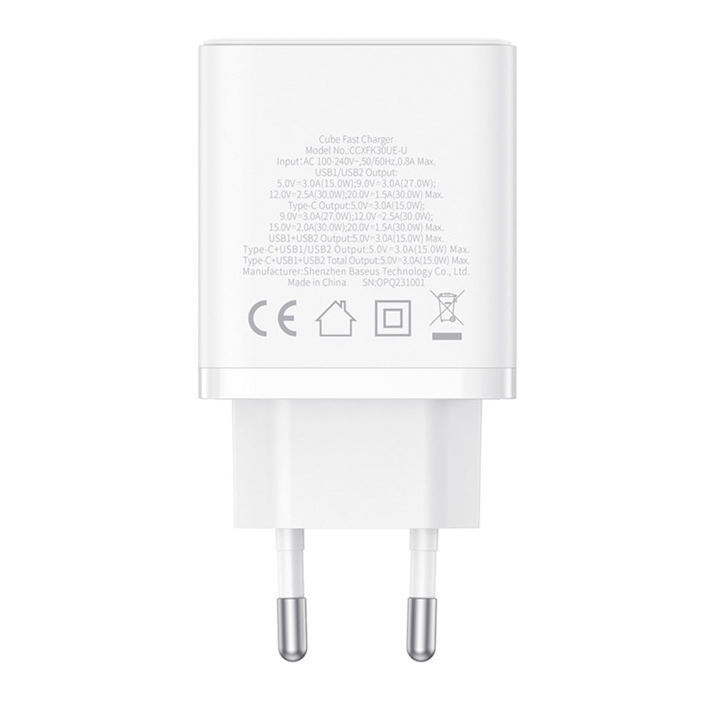 Incarcator Retea Baseus Cube, 30W, 3A, 2 x USB-A - 1 x USB-C, Alb P10111402213-00