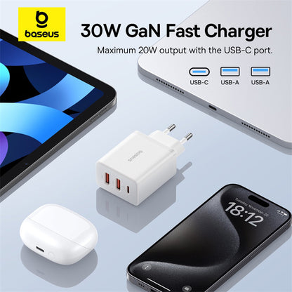 Incarcator Retea Baseus Cube, 30W, 3A, 2 x USB-A - 1 x USB-C, Alb P10111402213-00