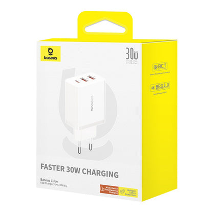 Incarcator Retea Baseus Cube, 30W, 3A, 2 x USB-A - 1 x USB-C, Alb P10111402213-00