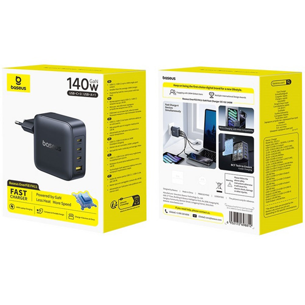 Incarcator Retea Baseus  EnerFill FH11, 140W, 5A, 1 x USB-A - 3 x USB-C, Negru E0121J00