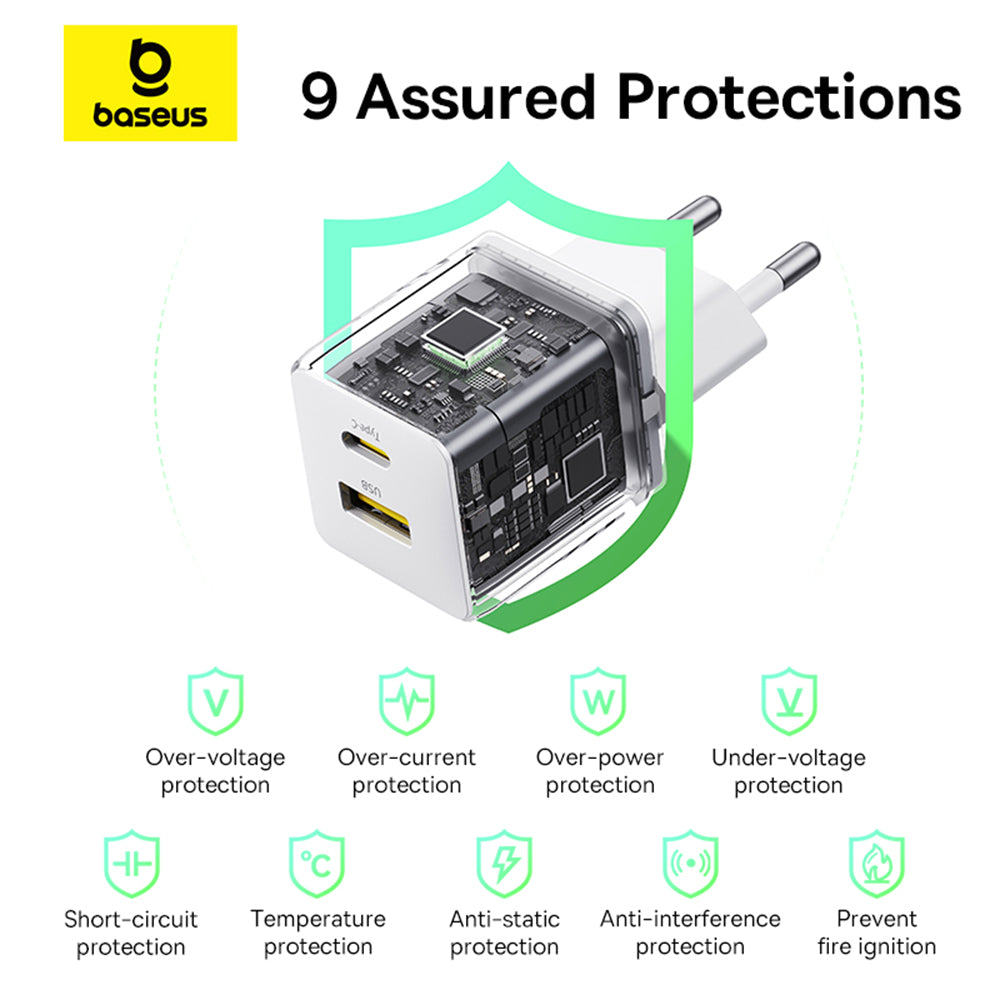 Incarcator Retea Baseus Palm, 30W, 3A, 1 x USB-A - 1 x USB-C, Alb P1011160A213-00