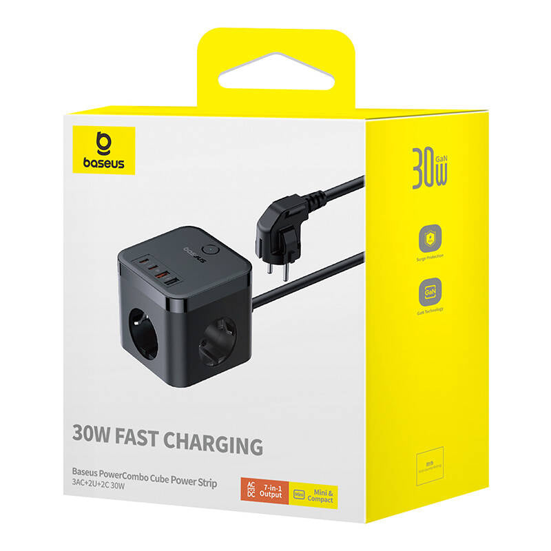 Incarcator Retea Baseus PowerCombo Cube, 4000W, 3A, 3 x Schuko - 2 x USB-A - 2 x USB-C, Negru E00066400117-00