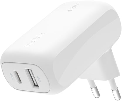 Incarcator Retea Belkin BoostCharge Dual, 42W, 3A, 1 x USB-A - 1 x USB-C, Alb WCB009vfWH