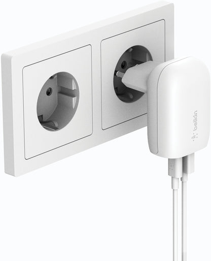 Incarcator Retea Belkin BoostCharge Dual, 37W, 3A, 1 x USB-A -  x USB-C, Alb WCB007vfWH