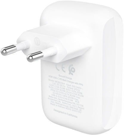 Incarcator Retea Belkin BoostCharge Dual, 42W, 3A, 1 x USB-A - 1 x USB-C, Alb WCB009vfWH