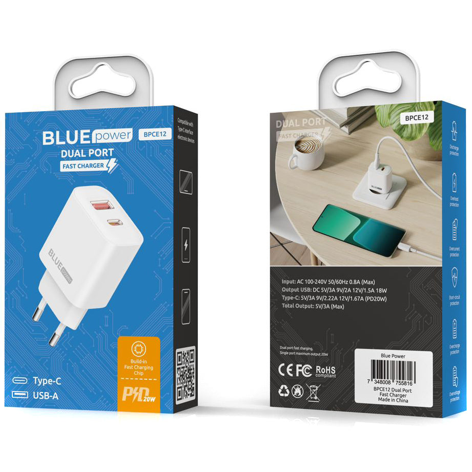 Incarcator Retea Blue Power BPCE12, 20W, 3A, 1 x USB-A - 1 x USB-C, Alb