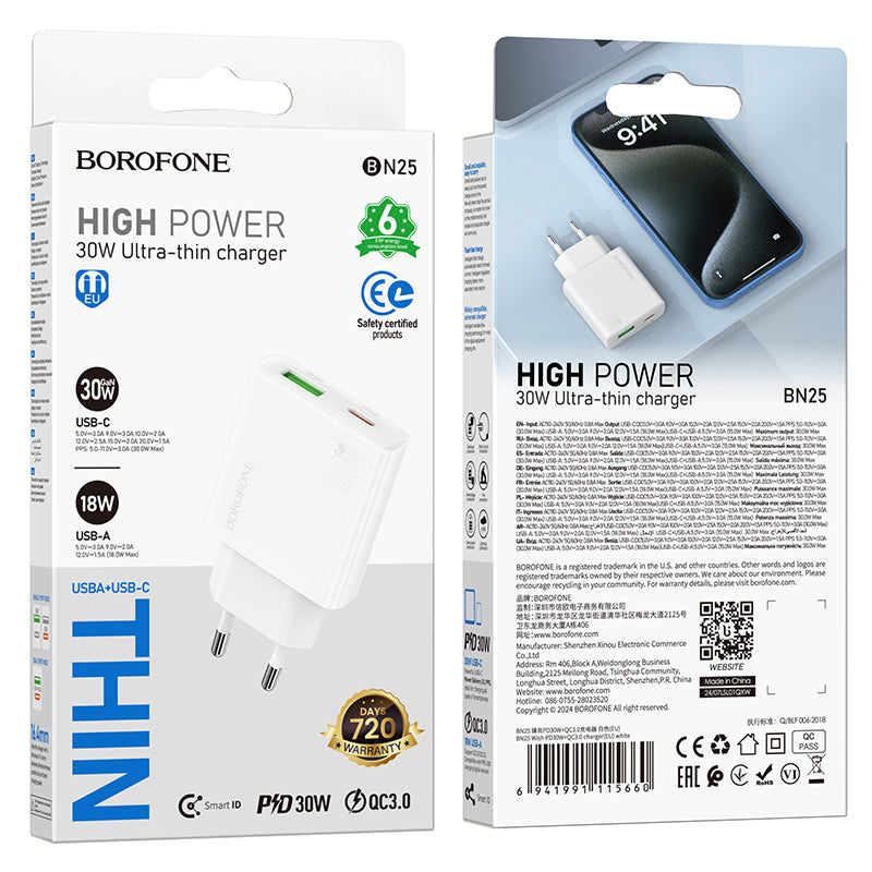 Incarcator Retea Borofone BN25 Wish, 30W, 3A, 1 x USB-A - 1 x USB-C, Alb