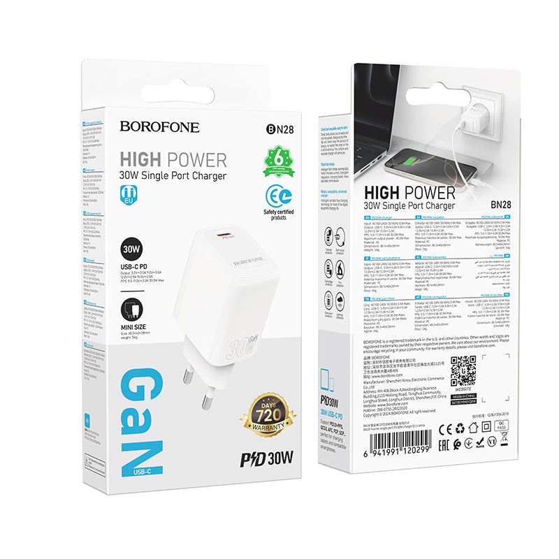 Incarcator Retea Borofone BN28 Fuente, 30W, 3A, 1 x USB-C, Alb