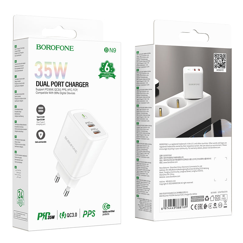 Incarcator Retea Borofone BN9, 35W, 3A, 2 x USB-C, Alb