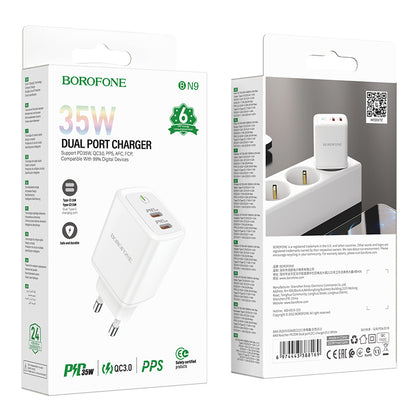 Incarcator Retea Borofone BN9, 35W, 3A, 2 x USB-C, Alb