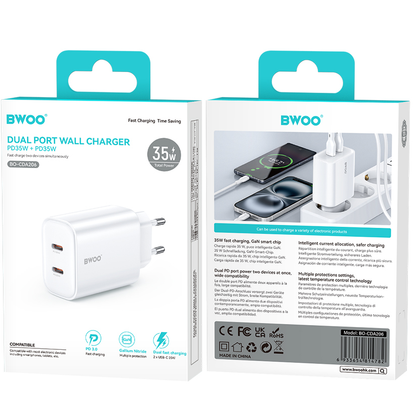 Incarcator Retea BWOO CDA206, 35W, 3A, 2 x USB-C, Alb