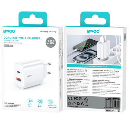 Incarcator Retea BWOO CDA207, 36W, 3A, 1 x USB-A - 1 x USB-C, Alb