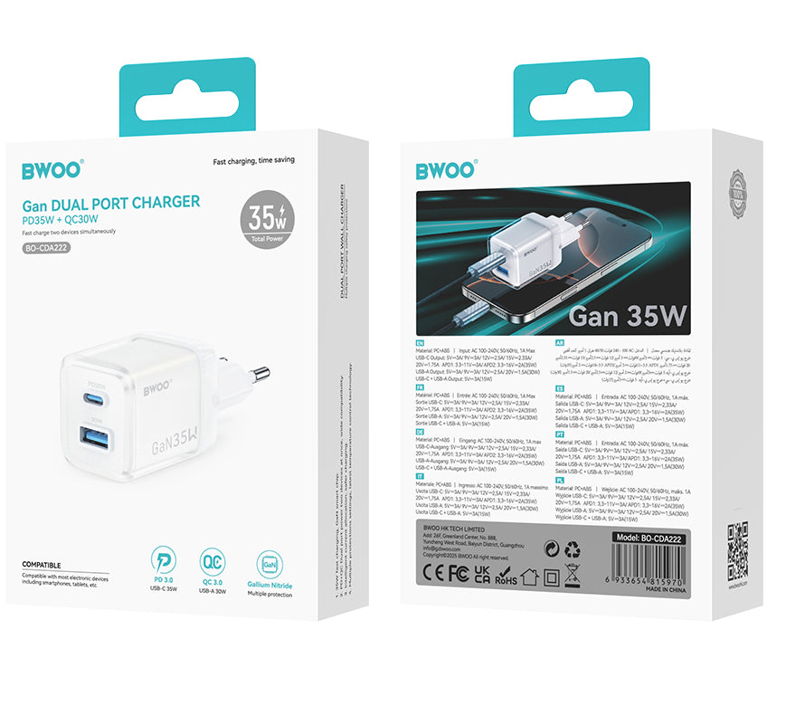 Incarcator Retea BWOO CDA222, 35W, 3A, 1 x USB-A - 1 x USB-C, Alb