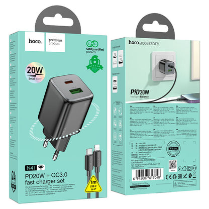 Incarcator Retea Cu Cablu Lightning HOCO N41, 20W, 3A, 1 x USB-A - 1 x USB-C, Negru