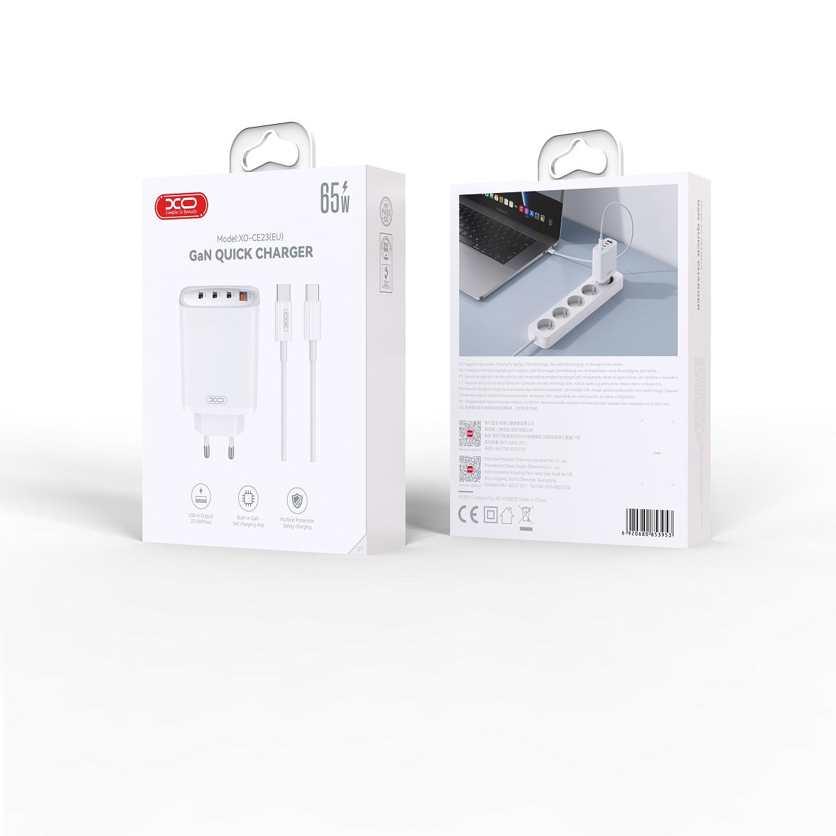 Incarcator Retea Cu Cablu USB-C XO Design CE23, 65W, 3.25A, 1 x USB-A - 3 x USB-C, Alb