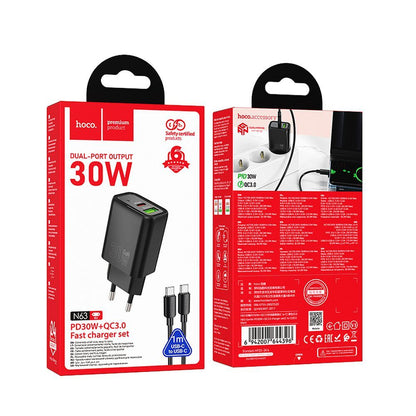 Incarcator Retea Cu Cablu USB-C HOCO N63, 30W, 3A, 1 x USB-A - 1 x USB-C, Negru