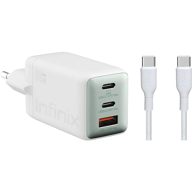 Incarcator Retea Cu Cablu USB-C Infinix XC07868EU + XDC95, 68W, 6.2A, 1 x USB-A - 2 x USB-C, Alb