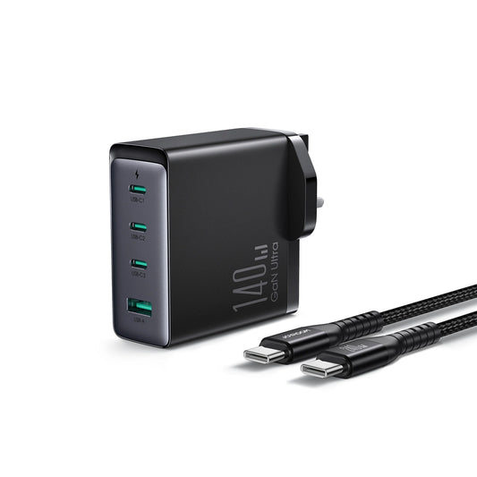 Incarcator Retea Cu Cablu USB-C Joyroom JR-TCG05UK, 140W, 5A, 1 x USB-A - 3 x USB-C, UK, Negru