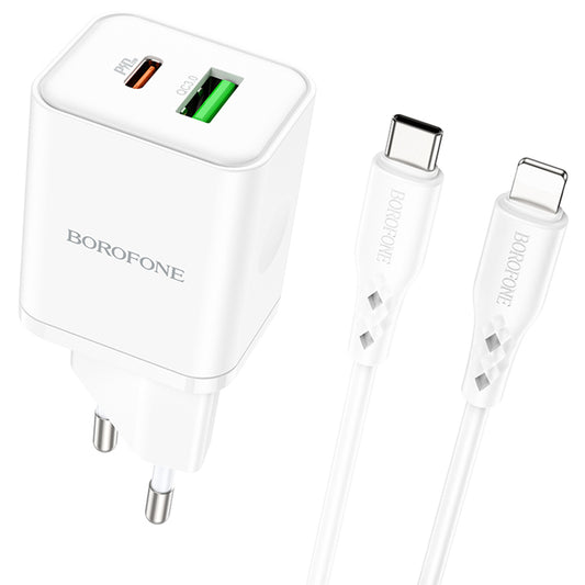 Incarcator Retea Cu Cablu Lightning Borofone BN7, 20W, 3A, 1 x USB-A - 1 x USB-C, Alb