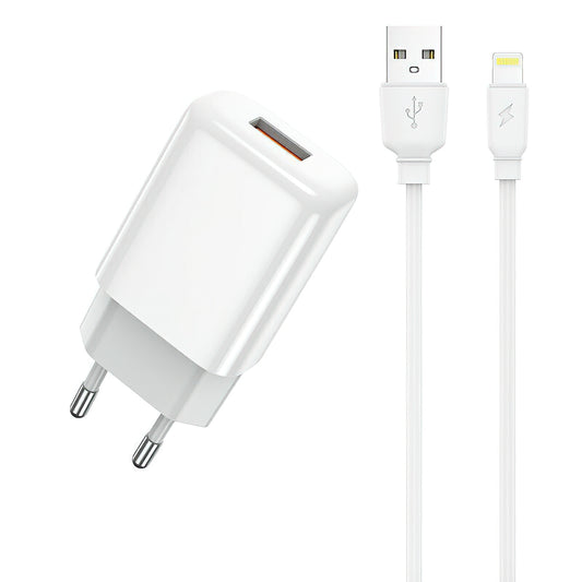 Incarcator Retea Cu Cablu Lightning Prestico F9S, 12W, 2.4A, 1 x USB-A, Alb