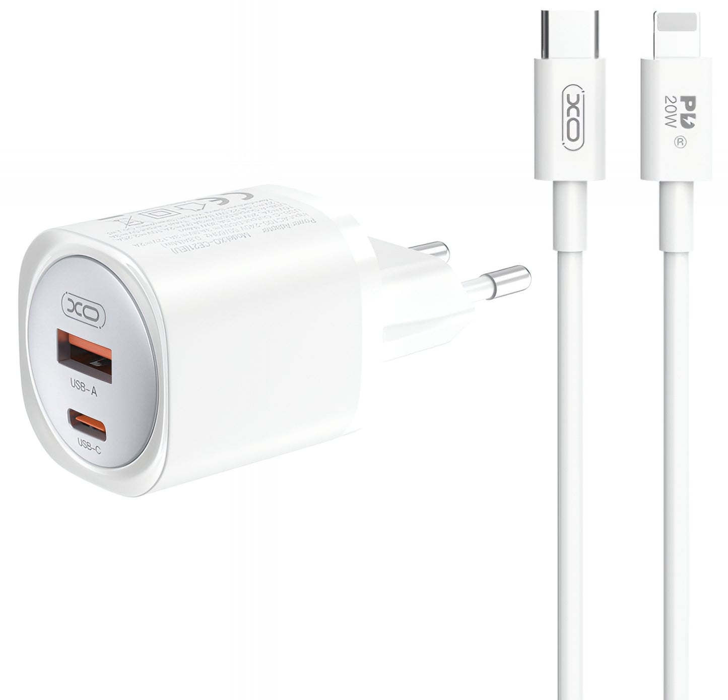 Incarcator Retea Cu Cablu Lightning XO Design CE21, 30W, 3A, 1 x USB-A - 1 x USB-C, Alb