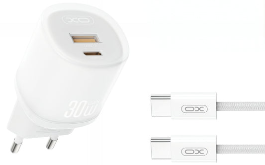 Incarcator Retea Cu Cablu USB-C XO Design L151, 30W, 3A, 1 x USB-A - 1 x USB-C, Alb
