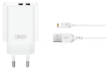 Incarcator Retea Cu Cablu Lightning XO Design CE34, 12W, 2.4A, 2 x USB-A, Alb