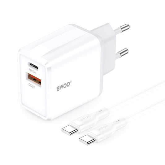 Incarcator Retea Cu Cablu USB-C BWOO CDA182, 38W, 3A, 1 x USB-A - 1 x USB-C, Alb