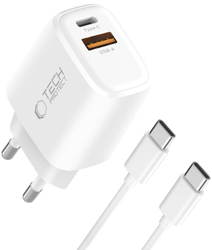 Incarcator Retea Cu Cablu USB-C Tech-Protect NCA20, 20W, 3A, 1 x USB-A - 1 x USB-C, Alb