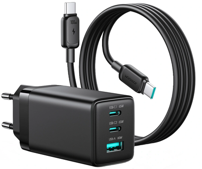 Incarcator Retea Cu Cablu USB-C Joyroom JR-TG10, 65W, 3.25A, 1 x USB-A - 2 x USB-C, Negru