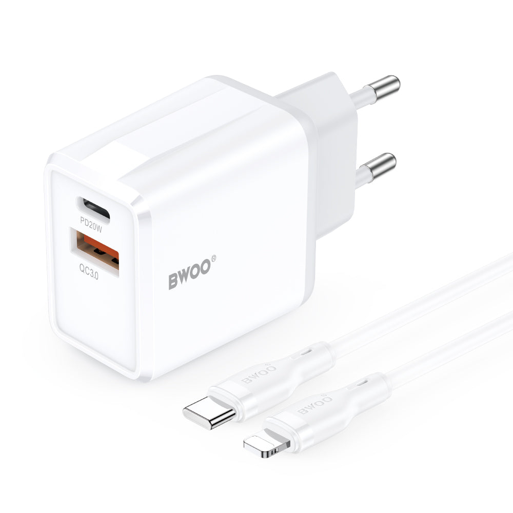 Incarcator Retea Cu Cablu Lightning BWOO CDA182, 38W, 3A, 1 x USB-A - 1 x USB-C, Alb
