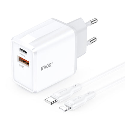 Incarcator Retea Cu Cablu Lightning BWOO CDA182, 38W, 3A, 1 x USB-A - 1 x USB-C, Alb