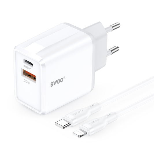 Incarcator Retea Cu Cablu Lightning BWOO CDA182, 38W, 3A, 1 x USB-A - 1 x USB-C, Alb