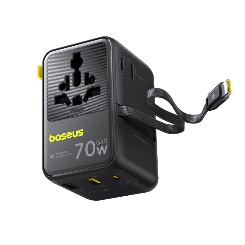 Incarcator Retea Cu Cablu USB-C Baseus Travel EnerCore CG11, 70W, 2 x Priza - 1 x USB-C - 2 x USB-A, Negru E0307E00