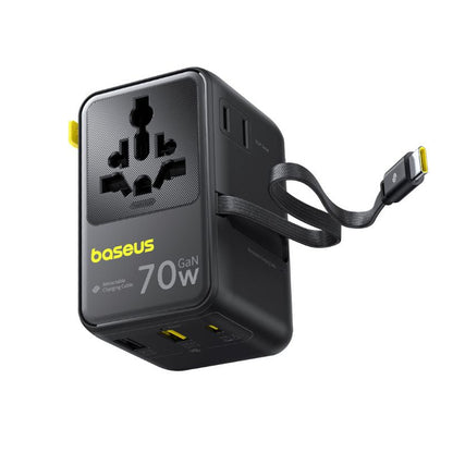 Incarcator Retea Cu Cablu USB-C Baseus Travel EnerCore CG11, 70W, 2 x Priza - 1 x USB-C - 2 x USB-A, Negru E0307E00