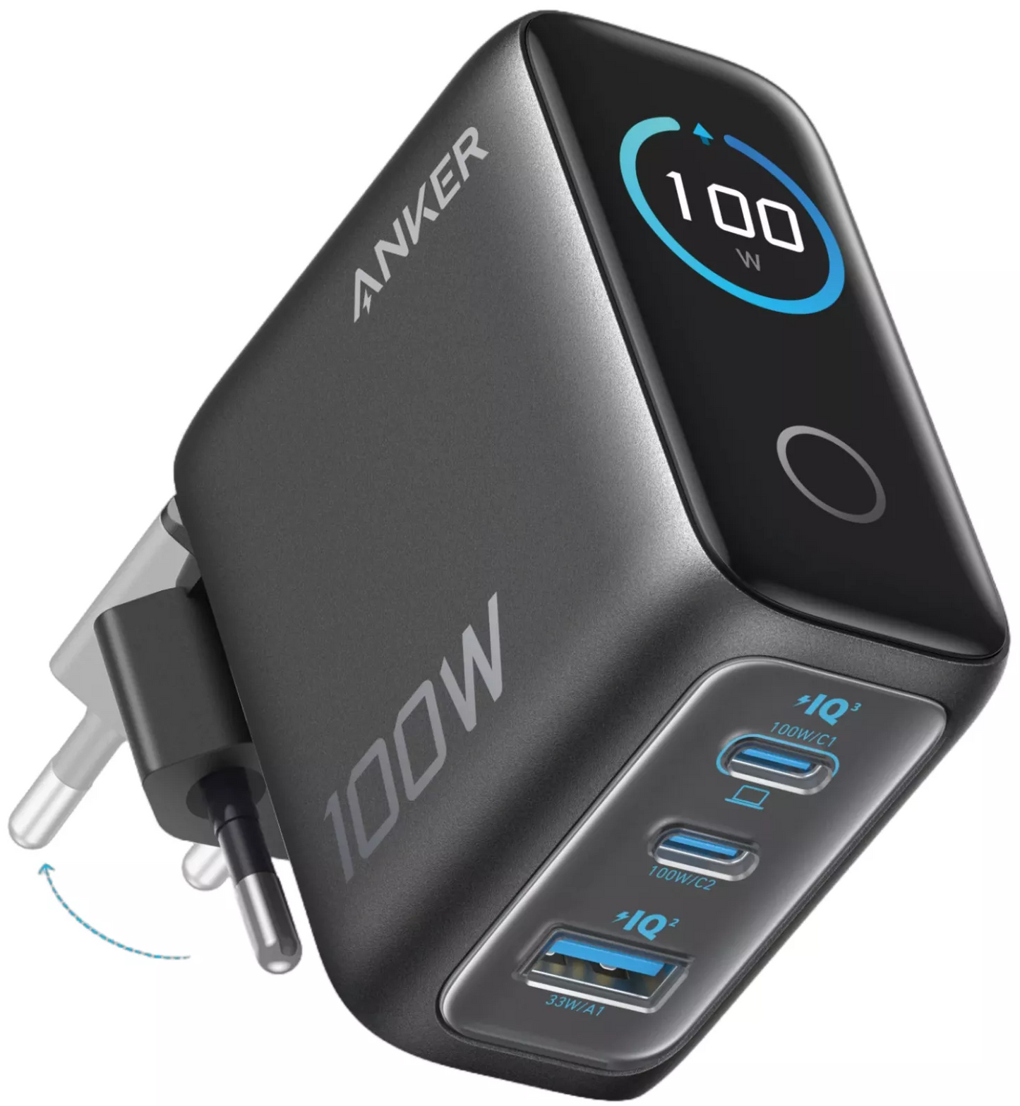 Incarcator Retea Cu Cablu USB-C Anker Smart Display, 100W, 5A, 1 x USB-A - 2 x USB-C, Gri, Resigilat B121BGZ1