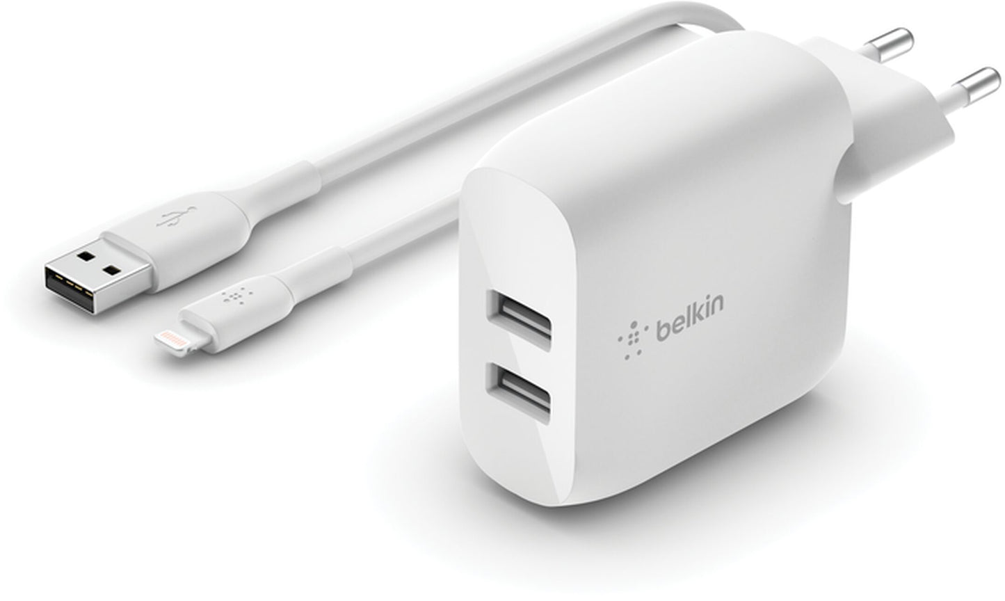 Incarcator Retea Cu Cablu USB-C Belkin BoostCharge Dual, 24W, 2.4A, 2 x USB-A, Alb WCE001vf1MWH
