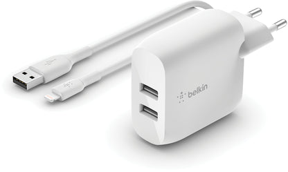 Incarcator Retea Cu Cablu USB-C Belkin BoostCharge Dual, 24W, 2.4A, 2 x USB-A, Alb WCE001vf1MWH