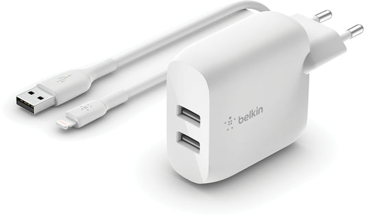Incarcator Retea Cu Cablu USB-C Belkin BoostCharge Dual, 24W, 2.4A, 2 x USB-A, Alb WCE001vf1MWH