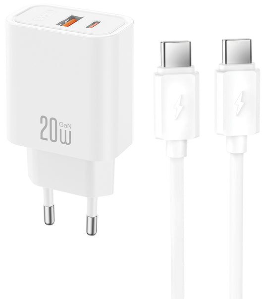 Incarcator Retea Cu Cablu USB-C XO Design CE40, 20W, 3A, 1 x USB-A - 1 x USB-C, Alb