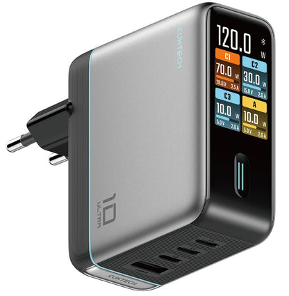 Incarcator Retea Cu Cablu USB-C Cuktech AD1204U Display, 120W, 6A, 1 x USB-A - 2 x USB-C, Argintiu