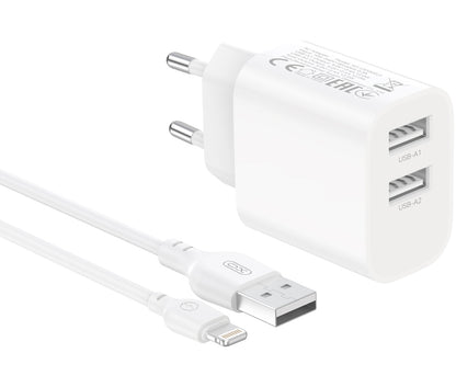 Incarcator Retea Cu Cablu Lightning XO Design CE55, 12W, 2.4A, 2 x USB-A, Alb