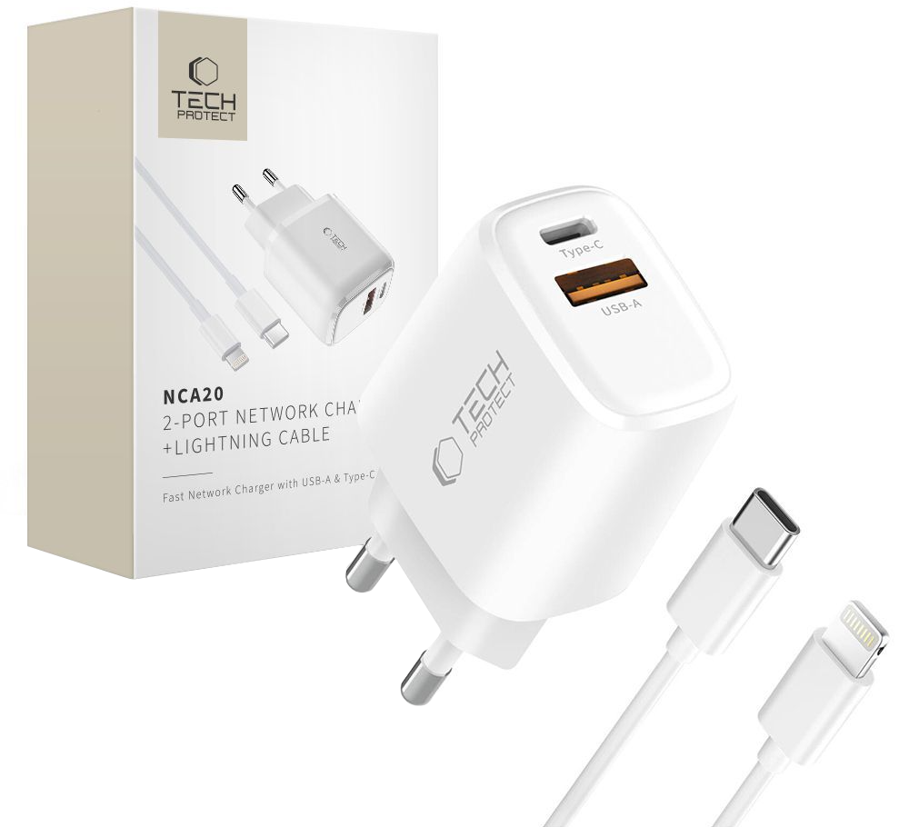 Incarcator Retea Cu Cablu Lightning Tech-Protect NCA20, 20W, 3A, 1 x USB-A - 1 x USB-C, Alb