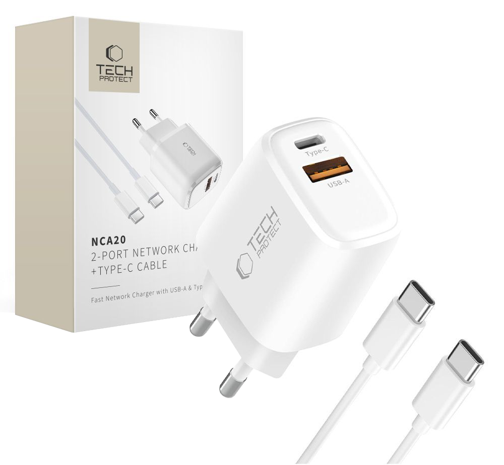 Incarcator Retea Cu Cablu USB-C Tech-Protect NCA20, 20W, 3A, 1 x USB-A - 1 x USB-C, Alb