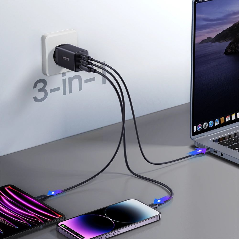 Incarcator Retea Cu Cablu USB-C Joyroom TCG01, 65W, 3.25A, 1 x USB-A - 2 x USB-C, Negru