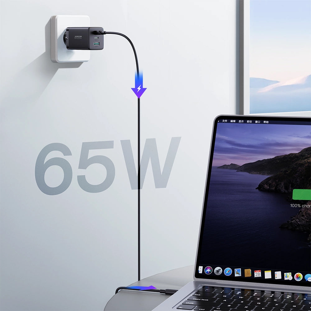 Incarcator Retea Cu Cablu USB-C Joyroom TCG01, 65W, 3.25A, 1 x USB-A - 2 x USB-C, Negru