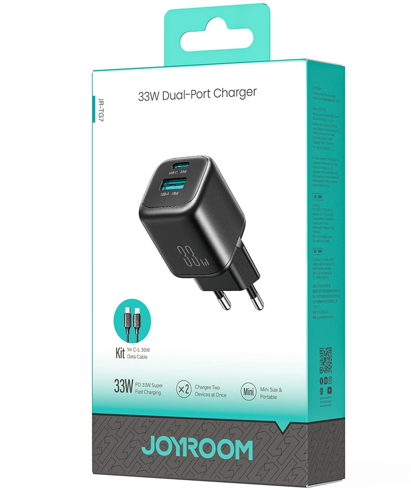 Incarcator Retea Cu Cablu Lightning Joyroom JR-TG7, 33W, 3A, 1 x USB-A - 1 x USB-C, Negru