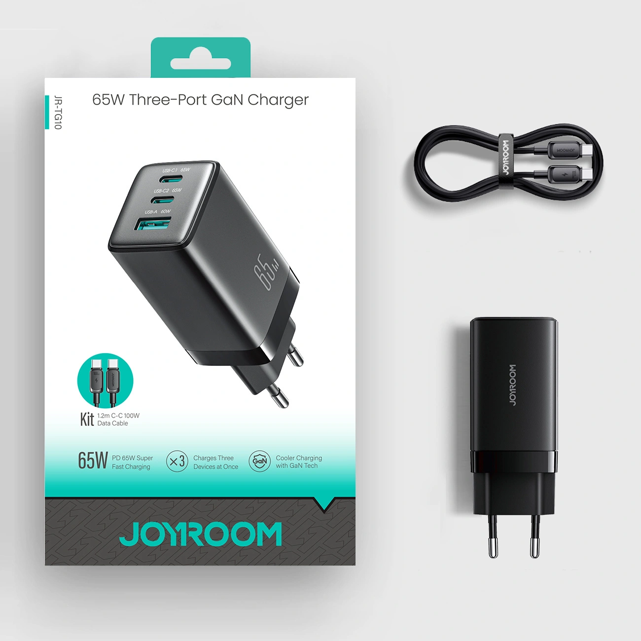 Incarcator Retea Cu Cablu USB-C Joyroom JR-TG10, 65W, 3.25A, 1 x USB-A - 2 x USB-C, Negru